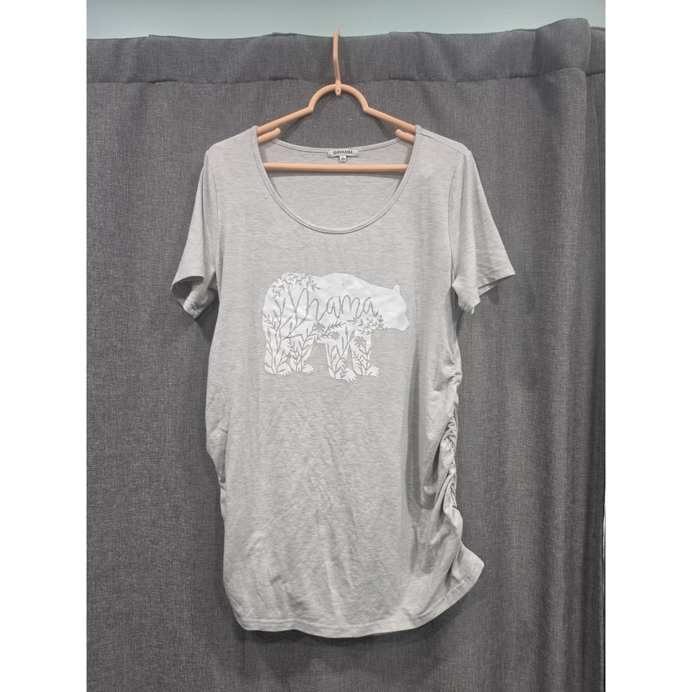 GINKANA Maternity XL Mama Bear Gray Short Sleeve Ruched Pregnancy Top